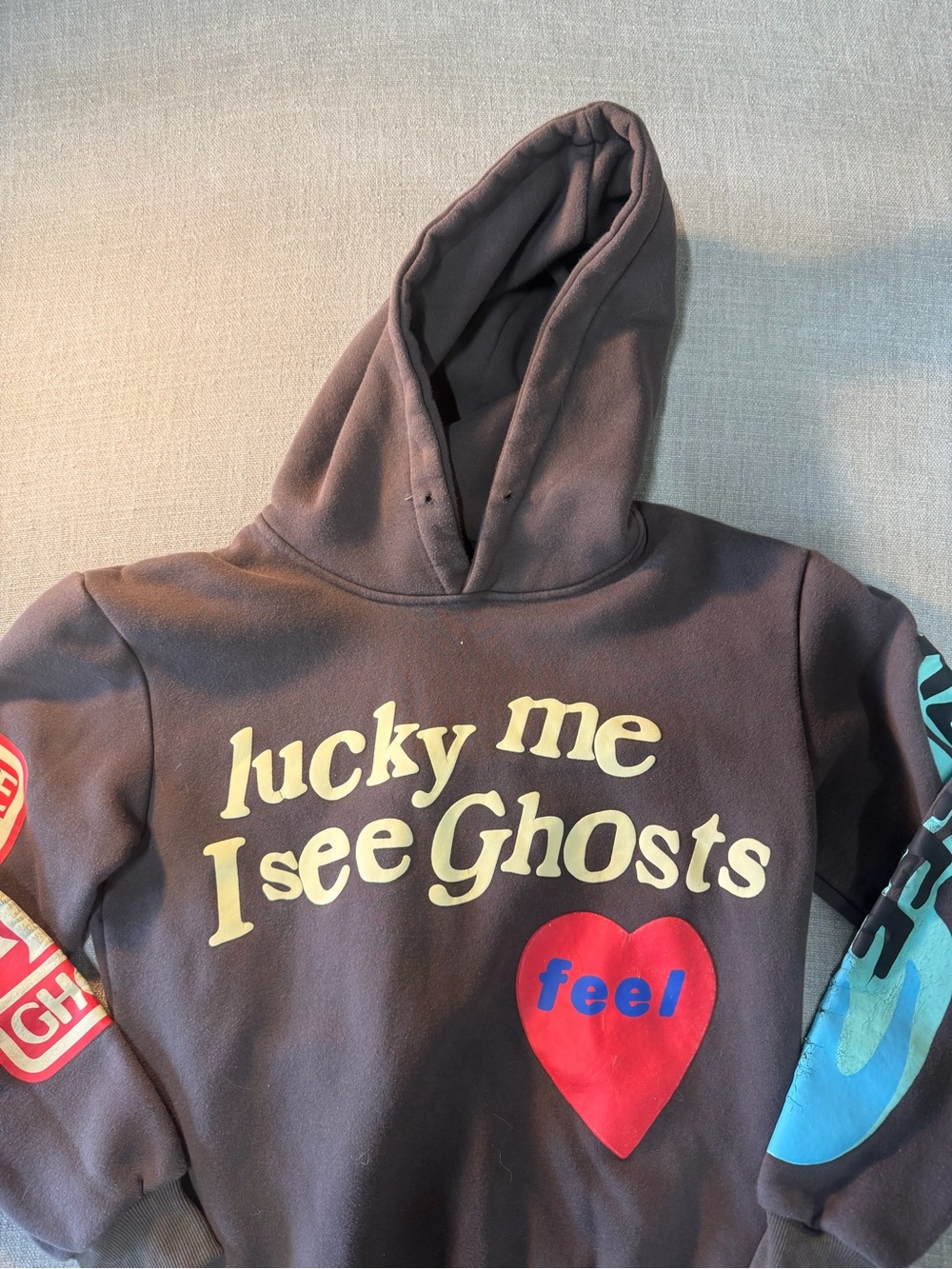 Brown Graphic Hoodie - "lucky me I see Ghosts"
